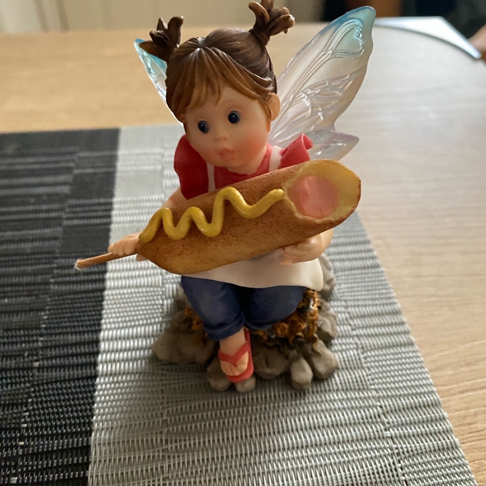 My Kitchen Fairy Figurine Holding Corn Dog - Brown, Pink, Blue, White